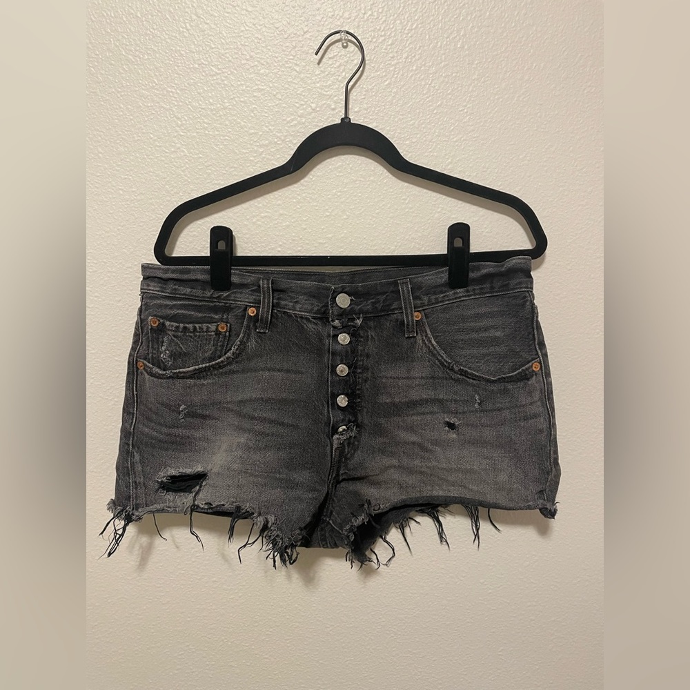 Levi’s Grey/Black Distressed Denim Button Fly Shorts